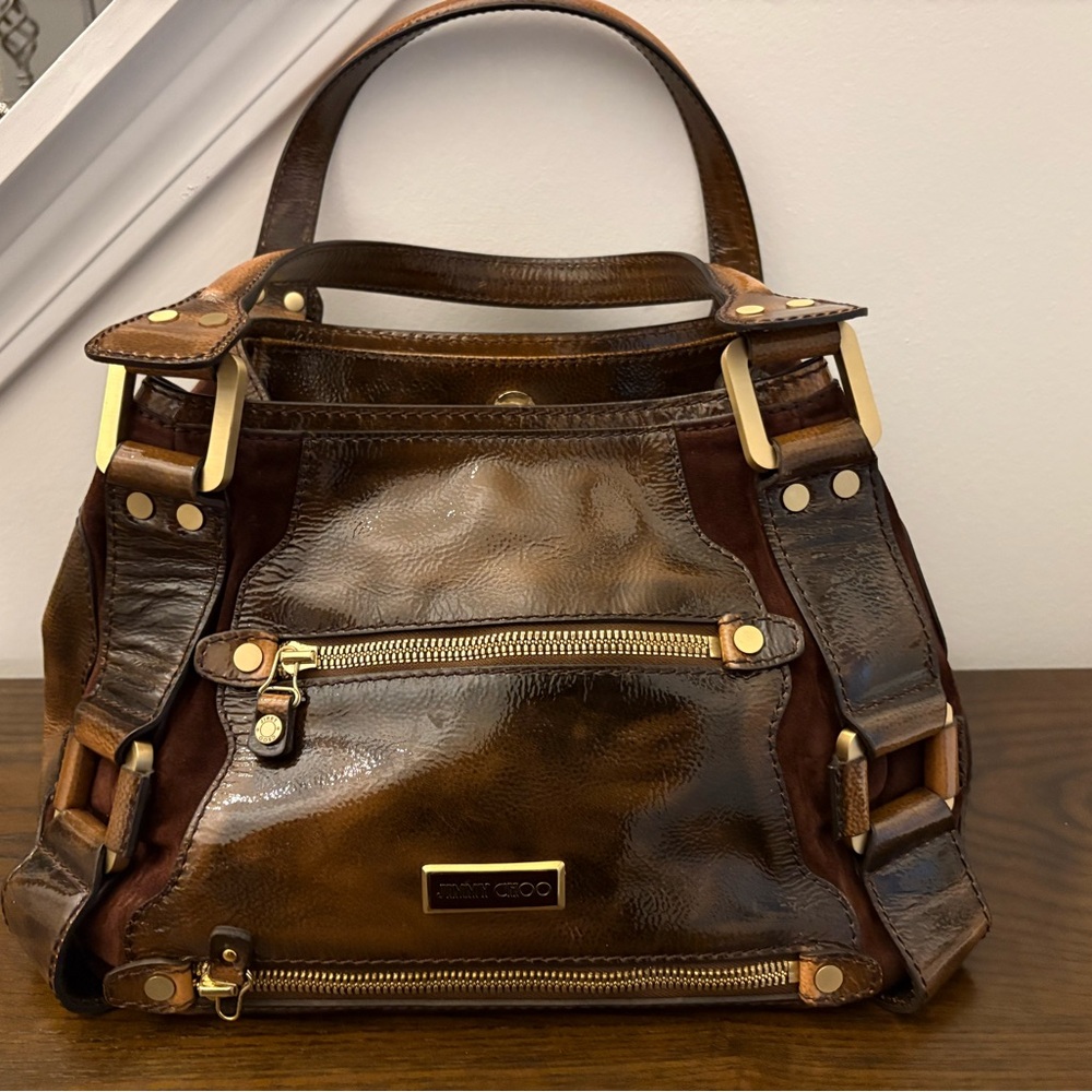 Jimmy Choo Maddy liquid Brown Leather Satchel